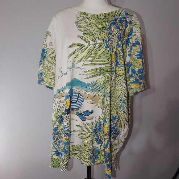Tropical Beach Print Tunic Top 2X By N Touch Lightweight Polyester - Picture 1 of 7